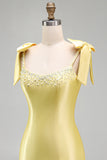 Yellow Satin Tiered Ruffled Hem Pearls Beaded Short Homecoming Dress with Bow Straps