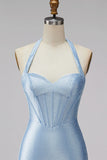 Light Blue Halter Corset Bodycon Short Homecoming Dress with Beading