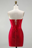 Red Corset Bodycon Strapless Beaded Short Homecoming Dress with Lace up Back