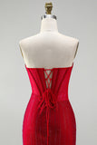 Red Corset Bodycon Strapless Beaded Short Homecoming Dress with Lace up Back