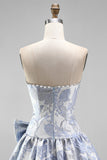 Dusty Blue Jacquard Pearls A-Line Strapless Short Homecoming Dress with Bow