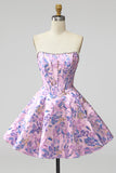 Lilac Corset Floral Jacquard Pearls A-Line Strapless Short Homecoming Dress