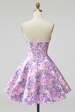 Lilac Corset Floral Jacquard Pearls A-Line Strapless Short Homecoming Dress