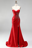 Strapless Mermaid Ruched Sweep Train Satin Red Prom Dress with Slit
