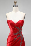 Strapless Mermaid Ruched Sweep Train Satin Red Prom Dress with Slit