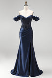 Navy Off the Shoulder Corset Satin Appliques Beaded Long Prom Dress with Slit
