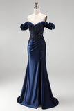 Navy Off the Shoulder Corset Satin Appliques Beaded Long Prom Dress with Slit
