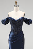 Navy Off the Shoulder Corset Satin Appliques Beaded Long Prom Dress with Slit
