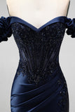Navy Off the Shoulder Corset Satin Appliques Beaded Long Prom Dress with Slit