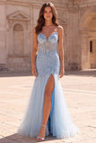 Light Blue Sequins Corset Mermaid Sheer Tulle Beaded Strapless Long Prom Dress with Slit