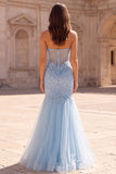 Light Blue Sequins Corset Mermaid Sheer Tulle Beaded Strapless Long Prom Dress with Slit