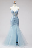 Light Blue Sequins Corset Mermaid Sheer Tulle Beaded Strapless Long Prom Dress with Slit
