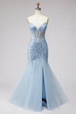 Light Blue Sequins Corset Mermaid Sheer Tulle Beaded Strapless Long Prom Dress with Slit