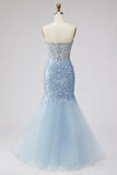 Light Blue Sequins Corset Mermaid Sheer Tulle Beaded Strapless Long Prom Dress with Slit