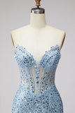 Light Blue Sequins Corset Mermaid Sheer Tulle Beaded Strapless Long Prom Dress with Slit