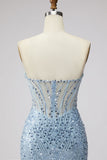 Light Blue Sequins Corset Mermaid Sheer Tulle Beaded Strapless Long Prom Dress with Slit