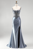 Dusty Blue Corset Mermaid Rhinestones Satin Ruched Long Prom Dress with Side Slit