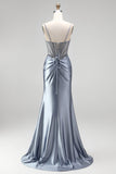 Dusty Blue Corset Mermaid Rhinestones Satin Ruched Long Prom Dress with Side Slit