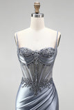 Dusty Blue Corset Mermaid Rhinestones Satin Ruched Long Prom Dress with Side Slit