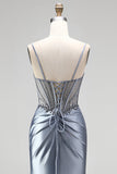 Dusty Blue Corset Mermaid Rhinestones Satin Ruched Long Prom Dress with Side Slit