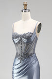 Dusty Blue Corset Mermaid Rhinestones Satin Ruched Long Prom Dress with Side Slit