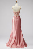 Mermaid Corset Satin Ruched Strapless Pink Prom Dress with Slit