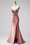 Mermaid Corset Satin Ruched Strapless Pink Prom Dress with Slit