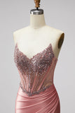 Mermaid Corset Satin Ruched Strapless Pink Prom Dress with Slit
