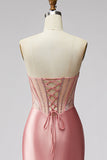 Mermaid Corset Satin Ruched Strapless Pink Prom Dress with Slit