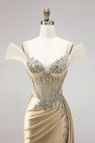 Champagne Mermaid Corset Rhinestone Satin Ruched Long Prom Dress with Slit