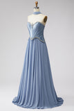 Dusty Blue Basque Waist Chiffon Corset Rhinestone Long Prom Dress with Scarf