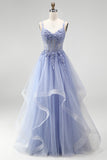Dusty Blue A-Line Sheer Corset Sequins Long Prom Dress with Floral Embroidery
