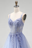 Dusty Blue A-Line Sheer Corset Sequins Long Prom Dress with Floral Embroidery