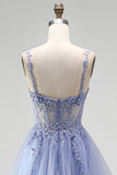 Dusty Blue A-Line Sheer Corset Sequins Long Prom Dress with Floral Embroidery