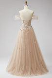 Glitter Off the Shoulder Champagne Sequins Corset A-Line Tulle Long Prom Dress with Appliques