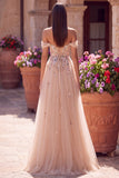 Glitter Off the Shoulder Champagne Sequins Corset A-Line Tulle Long Prom Dress with Appliques