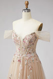 Glitter Off the Shoulder Champagne Sequins Corset A-Line Tulle Long Prom Dress with Appliques