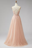 Champagne V-Neck 3D Floral Appliques Tulle Sequins A-Line Maxi Formal Dress with Slit