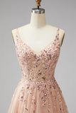 Champagne V-Neck 3D Floral Appliques Tulle Sequins A-Line Maxi Formal Dress with Slit
