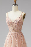 Champagne V-Neck 3D Floral Appliques Tulle Sequins A-Line Maxi Formal Dress with Slit