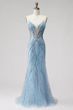 Light Blue Pearls Strapless Mermaid Prom Dress with Beading