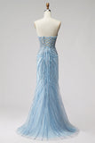 Light Blue Pearls Strapless Mermaid Prom Dress with Beading