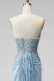 Light Blue Pearls Strapless Mermaid Prom Dress with Beading