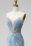 Light Blue Pearls Strapless Mermaid Prom Dress with Beading