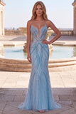 Light Blue Pearls Strapless Mermaid Prom Dress with Beading