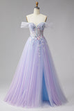 Sparkly Off the Shoulder Lilac Corset Embroidery Pearls Tulle Long Prom Dress with Slit