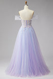 Sparkly Off the Shoulder Lilac Corset Embroidery Pearls Tulle Long Prom Dress with Slit