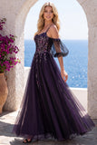 Dark Purple Glitter Cold Shoulder Corset Beaded Sequins Floral A-Line Long Formal Dress