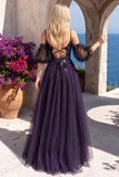 Dark Purple Glitter Cold Shoulder Corset Beaded Sequins Floral A-Line Long Formal Dress