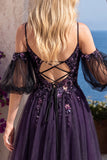 Dark Purple Glitter Cold Shoulder Corset Beaded Sequins Floral A-Line Long Formal Dress